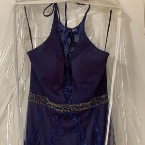 Clarisse formal gown. Royal blue gold accent belt